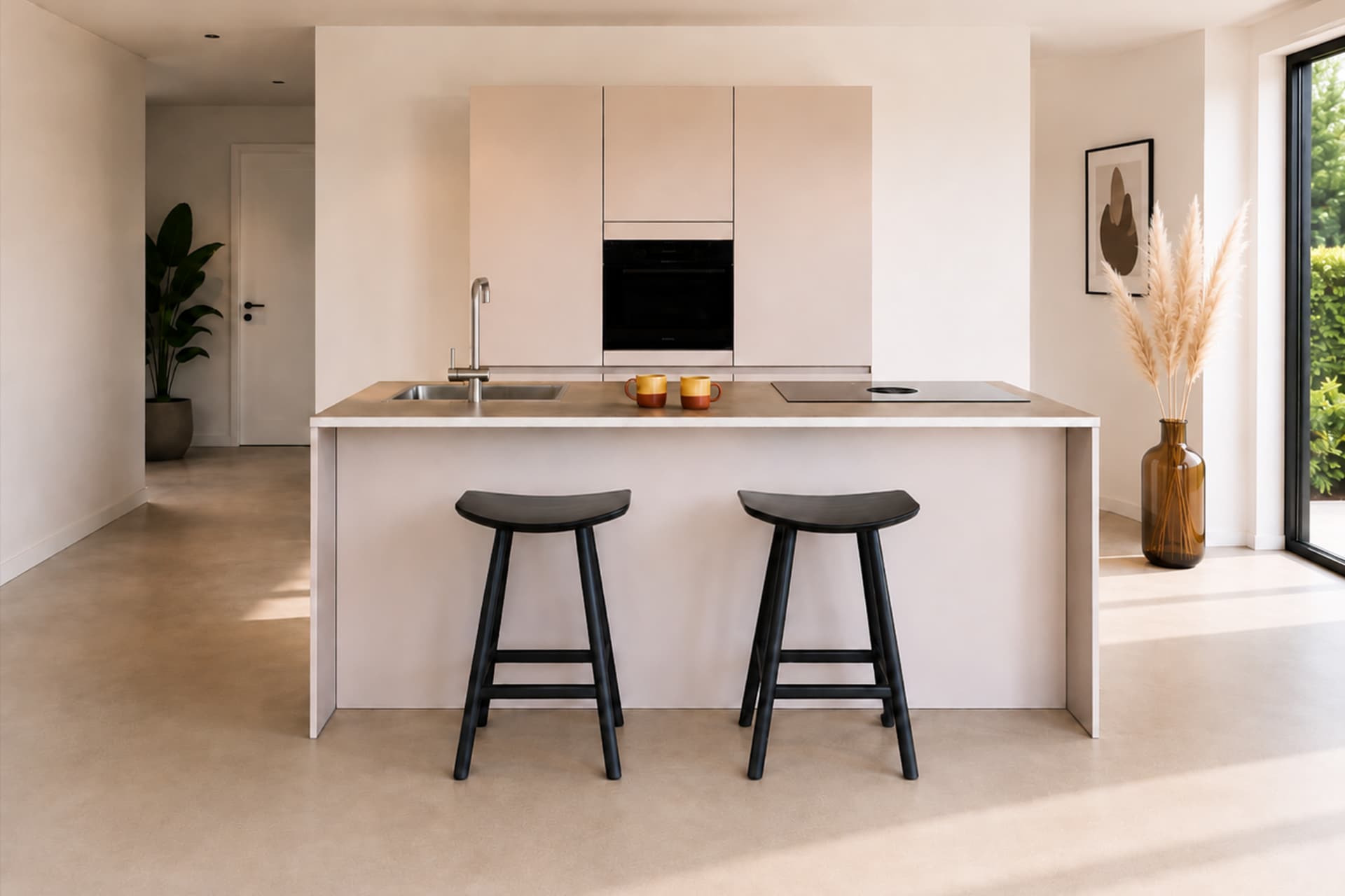 randy-header.png Witte keuken met hoge kasten en een kookeiland met bar